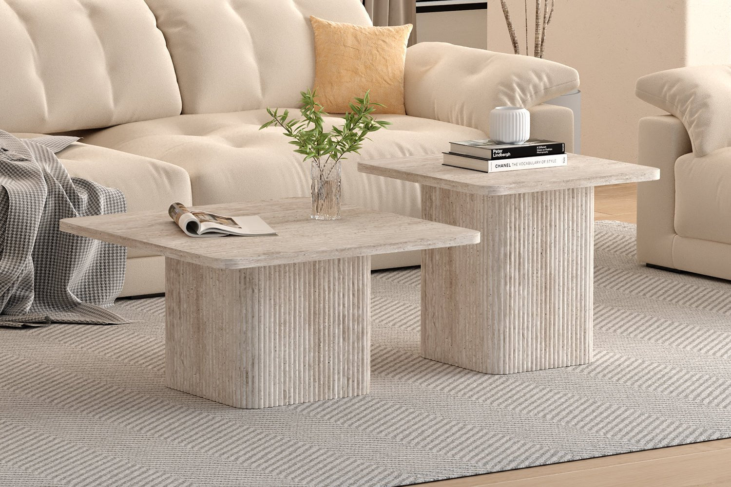 Set de 2 tables Basses Bobby – Décor Travertin Beige - Maestria